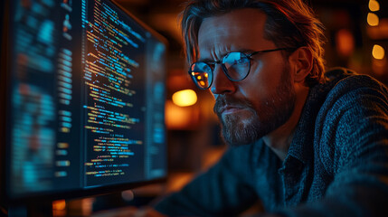 A man intently studies lines of code on his computer screen, working late into the night.
