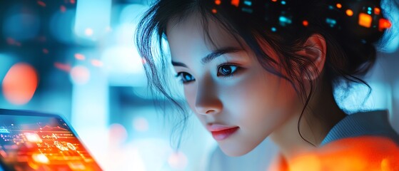 Fototapete - Illustration of a serious woman focused on her tablet