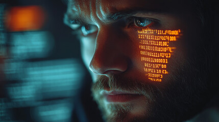 Close-up of a man's face with binary code projected onto his skin.