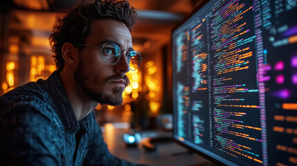 A young man in glasses stares intently at a computer screen filled with code, his focus intense.