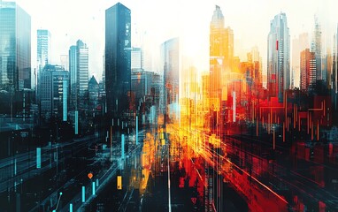 Leinwandbilder - Illustration of digital financial charts and arrows overlaying a vibrant cityscape