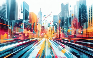 Leinwandbilder - Illustration of digital financial charts and arrows overlaying a vibrant cityscape