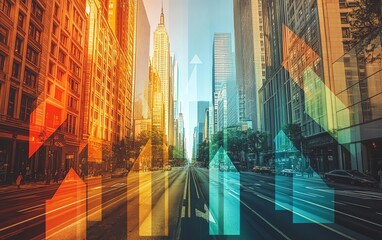 Leinwandbilder - Illustration of digital financial charts and arrows overlaying a vibrant cityscape