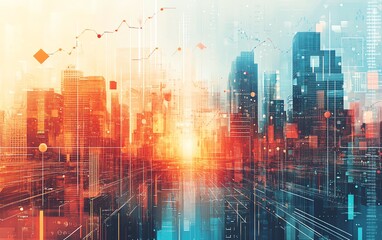 Leinwandbilder - Illustration of digital financial charts and arrows overlaying a vibrant cityscape