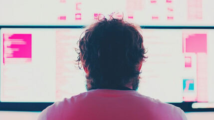 A man with curly hair looks intently at a computer screen filled with code.