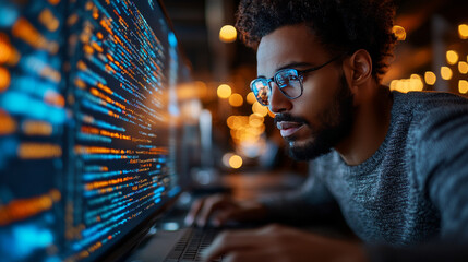 Focused young man coding late at night.