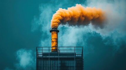 A large plume of yellow smoke billows from a factory chimney against a dark blue sky.