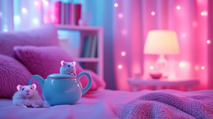 Two cute toy rats on a bed with a blue teapot in the background, a pink and white theme and fairy lights.