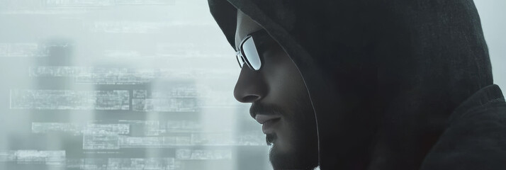 Man in a black hoodie looks intently at a computer screen.