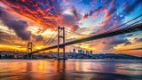 Istanbul Bosphorus Bridge close-up at sunset with colorful clouds in sky