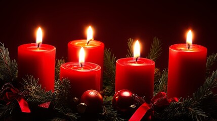 A beautifully decorated advent wreath with all five candles lit, symbolizing the culmination of hope, joy, peace, love during the Christmas season, inviting warmth, reflection in holiday traditions