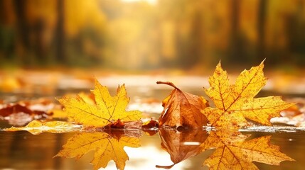 Fallen yellow leaves create a beautiful autumn scene reflected in a puddle, capturing the essence of the changing seasons, nature's vibrant colors, inviting viewers to experience tranquility of fall