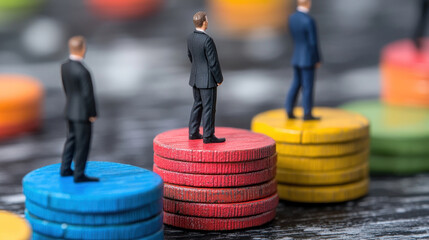 Miniature figures stand on colorful stacks of coins, symbolizing financial growth and investment strategies. This captures essence of leadership and future planning in finance.