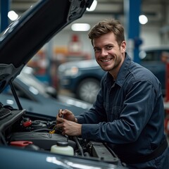 auto mechanic working in workshop, close up a car mechanic repairing car engine, service worker at the work