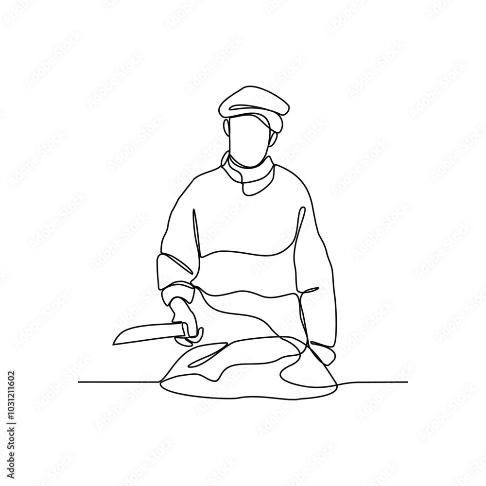 One continuous line drawing of a butcher in the traditional market ...