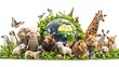 © San - A diverse group of animals surround a globe, symbolizing the interconnectedness of all living things.