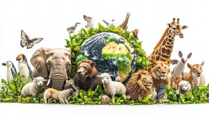 a diverse group of animals surround a globe, symbolizing the interconnectedness of all living things