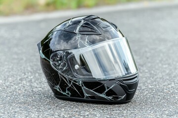 Wall Mural - Motorcyclist helmet after motorcycle accident. Selective focus background and copy space