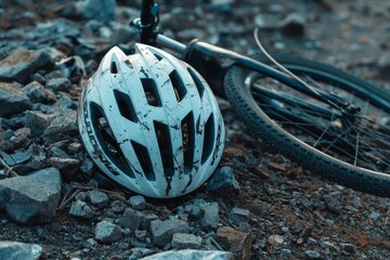 Poster - Bicycle helmet and broken bike in mountain rocky terrain. Background with selective focus and copy space