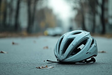 Poster - Cyclist helmet on the road after an accident. Background with selective focus and copy space