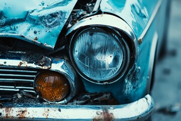 Poster - Crashed old retro vintage car close-up. Selective focus background and copy space