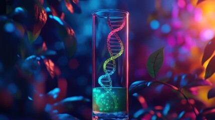 Biotechnology test tube with DNA helix experiment on illuminated plant leaf, colorful background, beaker containing light green liquid