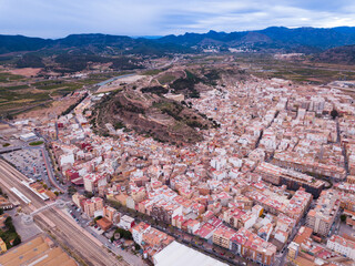 Aerial view of Sagunto city and antique roman fortress, Valencia, Spain