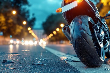 Poster - Road accident or motorcycle crash. Selective focus background and copy space