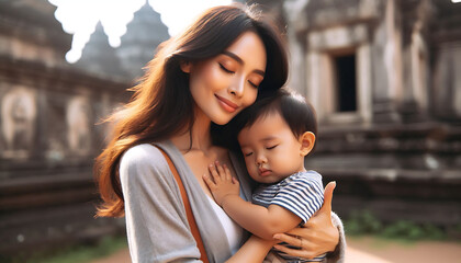 A joyful mother and her child playing together in the park on a sunny summer day