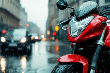 Wall Mural - A red motorcycle is parked on a wet street in the rain