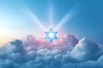 Star of David over cloudy sunset sky background. Symbol of Judaism. Jewish memory day. Hanukkah, Passover, Shavuot, Yom Kippur holiday. Happy Independence Day of Israel