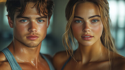 Canvas Print - A young man and woman look intensely at the camera after a workout.