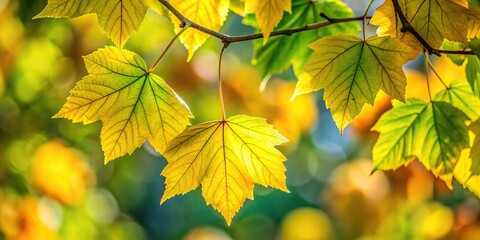 leaves on a tree turn from green to yellow in autumn macro shot