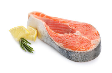 Poster - Fresh salmon steak, lemon and rosemary isolated on white