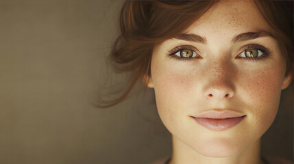 Canvas Print - Close-up portrait of a young woman with freckles and a gentle smile.