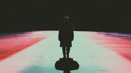 Wall Mural - Silhouette of a man walking on a stage lit by a single beam of light.