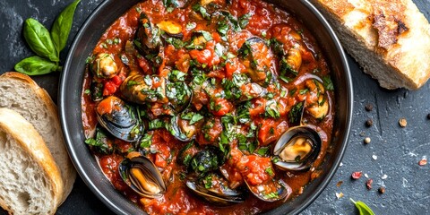 Sticker - Delicious seafood pasta in a rich tomato sauce. Perfectly cooked mussels and spinach are complemented by freshly baked bread on the side. Ideal for culinary enthusiasts. AI