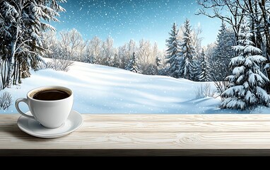 Wall Mural - A cozy winter scene enjoying a warm cup of coffee amidst a snowy landscape with majestic trees and gentle snowfall, Concept winter landscape  cozy coffee scenes