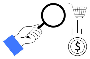 Hand holding magnifying glass looking at shopping cart and dollar sign. Ideal for online shopping, e-commerce analysis, consumer purchasing, financial transactions, market research. Simple line art