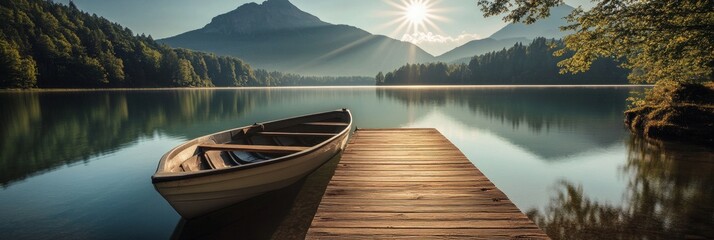 Wall Mural - A tranquil lakeside scene with a wooden boat resting on a dock. Soft light illuminates the landscape, creating a serene atmosphere. Perfect for nature lovers and relaxation themes. AI