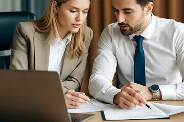 two professionals in a meeting reviewing documents on a desk.