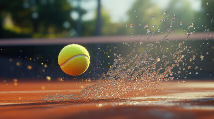 A tennis ball is flying across the court, splashing water on it