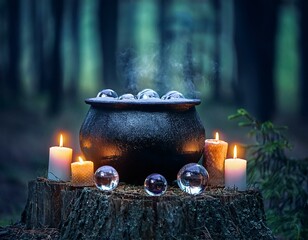 witch cauldron candles and crystal balls on stump in forest abstract natural dark background occult 