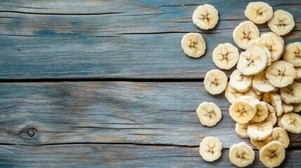 Sticker - Dried Banana Slices on Rustic Wooden Background