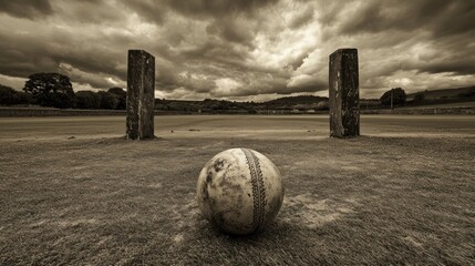 A weathered cricket ball rests in the middle of a grassy field, framed by two stone pillars under a dramatic stormy sky.