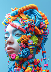 Colorful close-up of a female face adorned with intricate, vibrant, textured objects and abstract patterns, resembling modern tribal art. Concept of cultural fusion, creativity, and abstract fashion