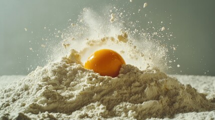 Canvas Print - Egg Yolk Breaking Through Flour Pile