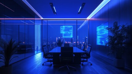 modern conference room with night city view and digital display