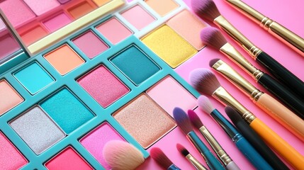 Colorful eyeshadow palettes and makeup brushes arranged on a vibrant pink background for a creative makeup session