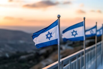 Wall Mural - Israeli flag with Star of David blurred background. Jewish Memory Day. Hanukkah, Passover, Shavuot, Yom Kippur holiday. Happy Independence Day of Israel. Patriotic concept